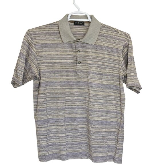 St. Croix Beige Gray Striped Polo Shirt 100% Cotton Vintage Mens Size Medium - Picture 1 of 8